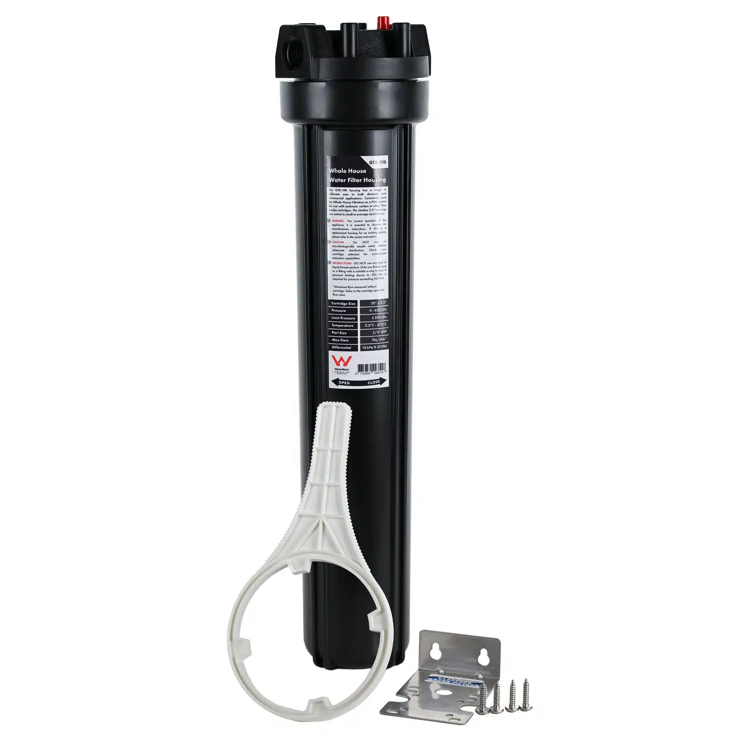 High Performance Filtration 20 inch by 2 point 5 inch Water Filter Housing with 3 quarter inch BSP Ports black sump spanner and bracket