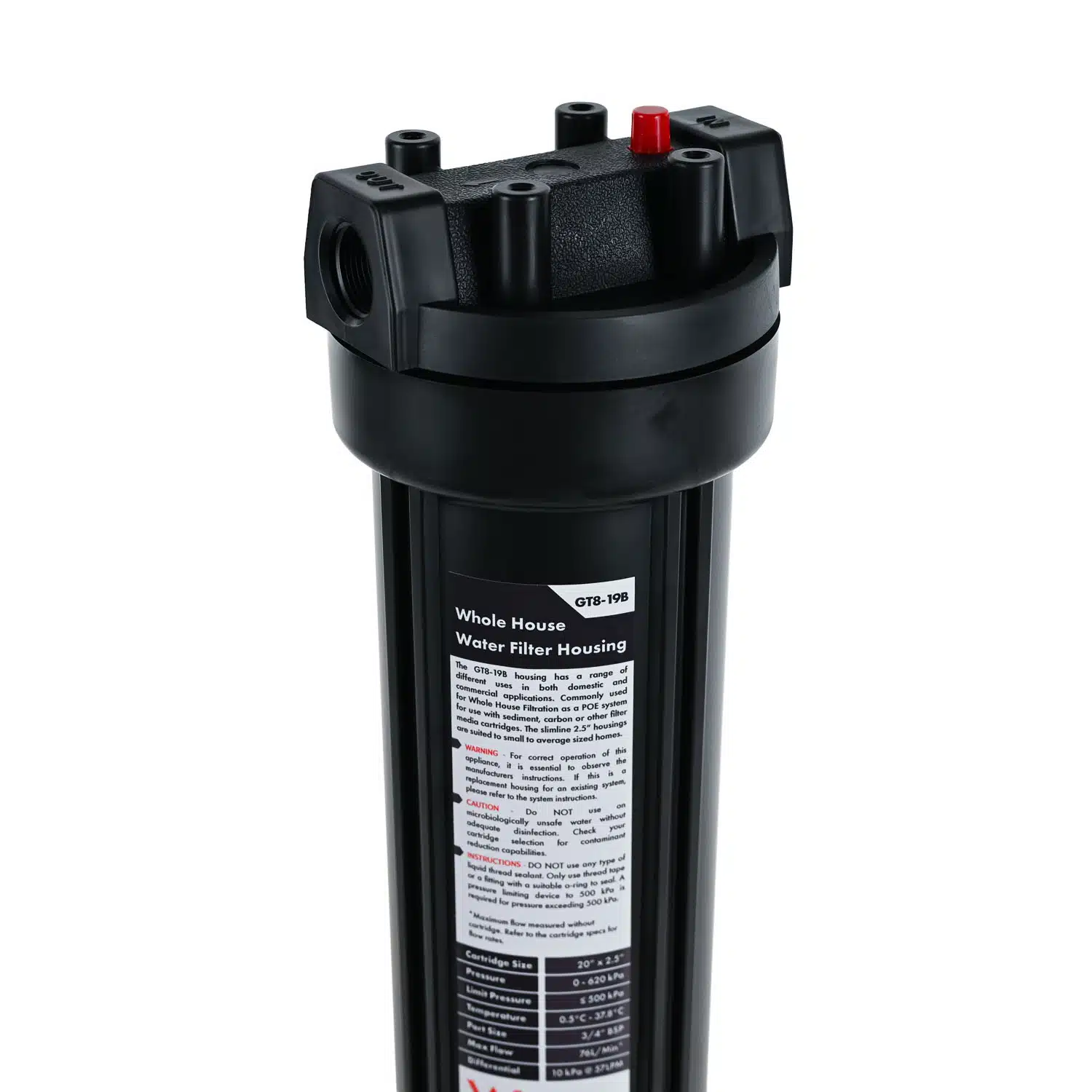 High Performance Filtration 20 inch by 2 point 5 inch Water Filter Housing with 3 quarter inch BSP Ports and black sump
