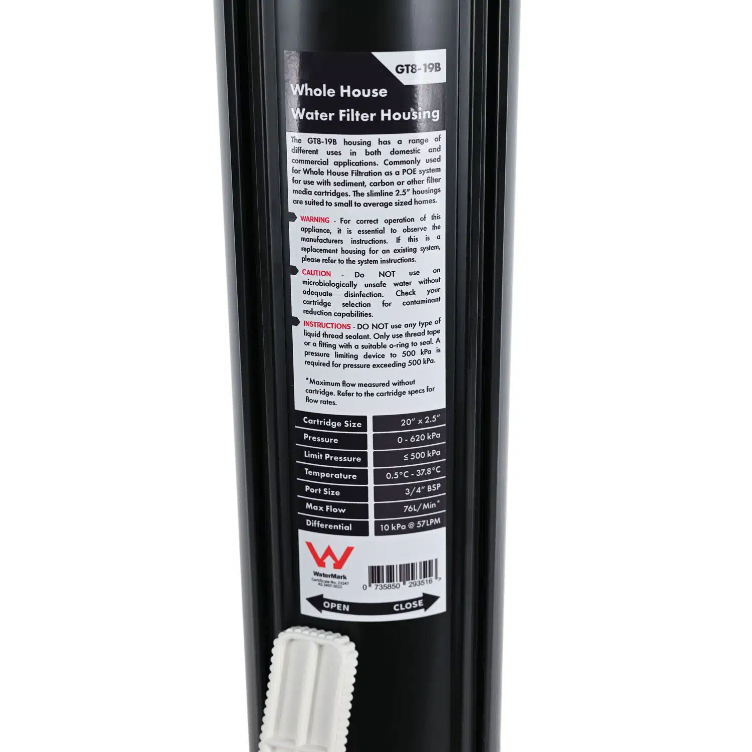 High Performance Filtration 20 inch by 2 point 5 inch Water Filter Housing with 3 quarter inch BSP Ports and black sump