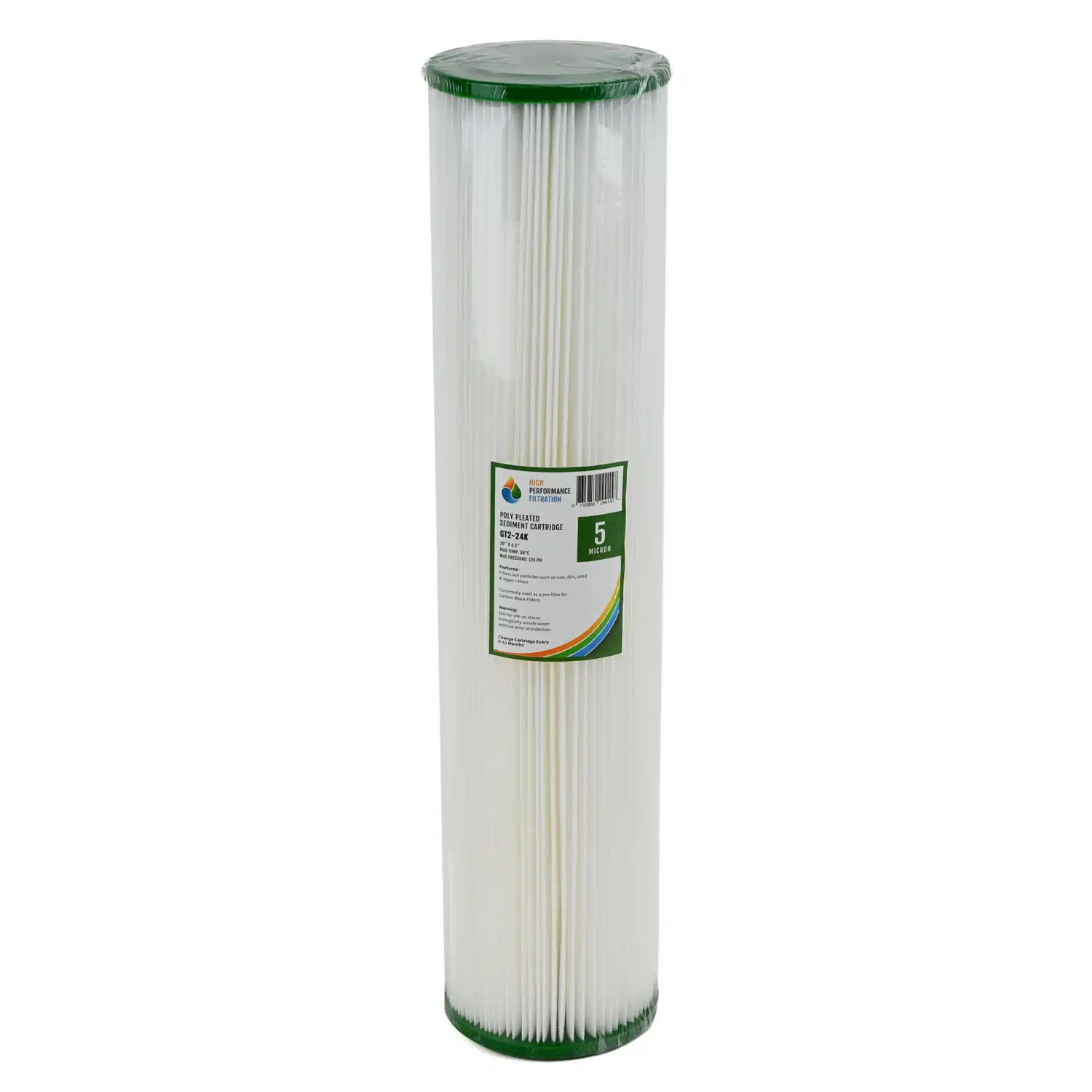 High Performance Filtration GT2-24K 20 inch by 4 point 5 inch pleated washable sediment water filter with green end caps