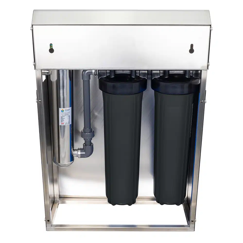 High Performance Filtration HPF-UV Twin Filter and UV Steriliser All in one system enclosed in stainless steel housing -- back view of housing