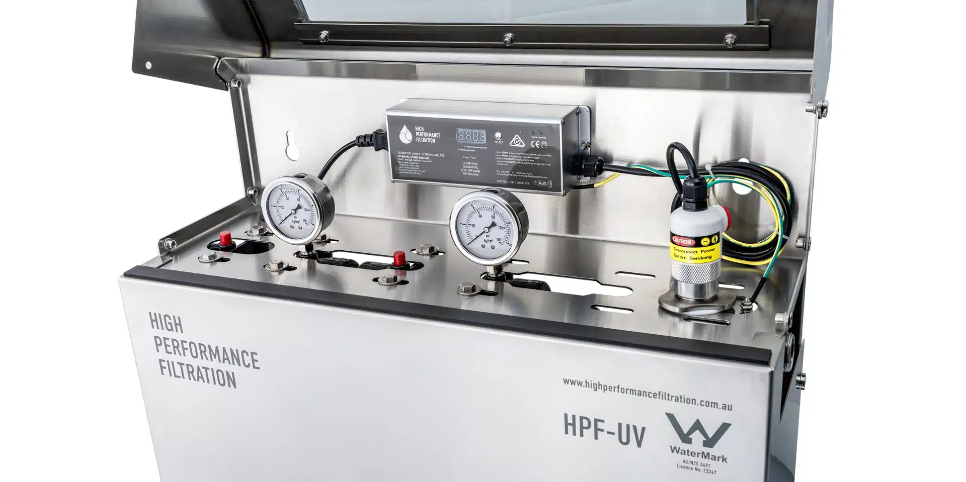 High Performance Filtration HPF-UV Twin Filter and UV Steriliser All in one system enclosed in stainless steel housing under the bonnet