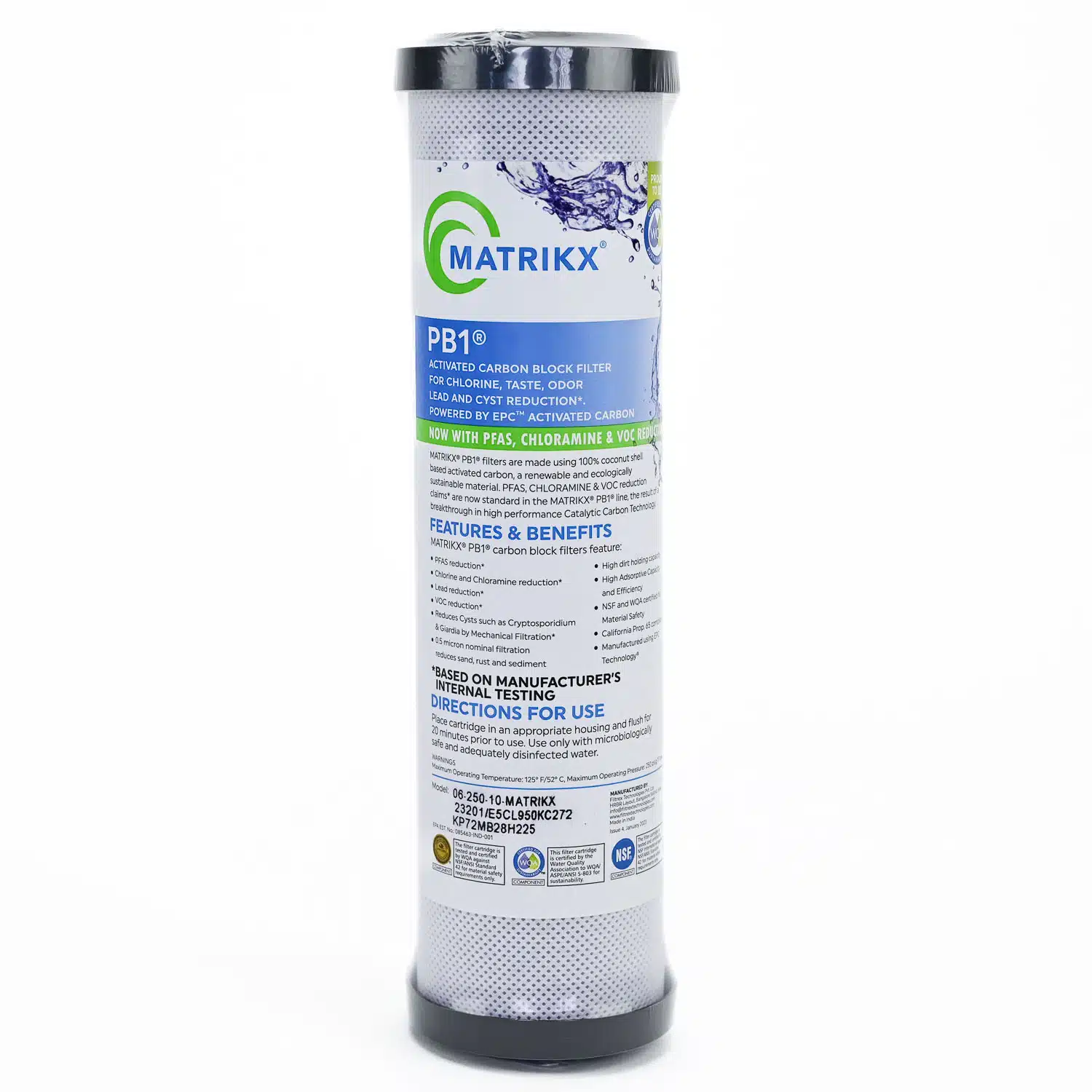Matrikx PB1-PFAS Carbon Block Water Filter VOC, PFAS, Chloramine Reduction