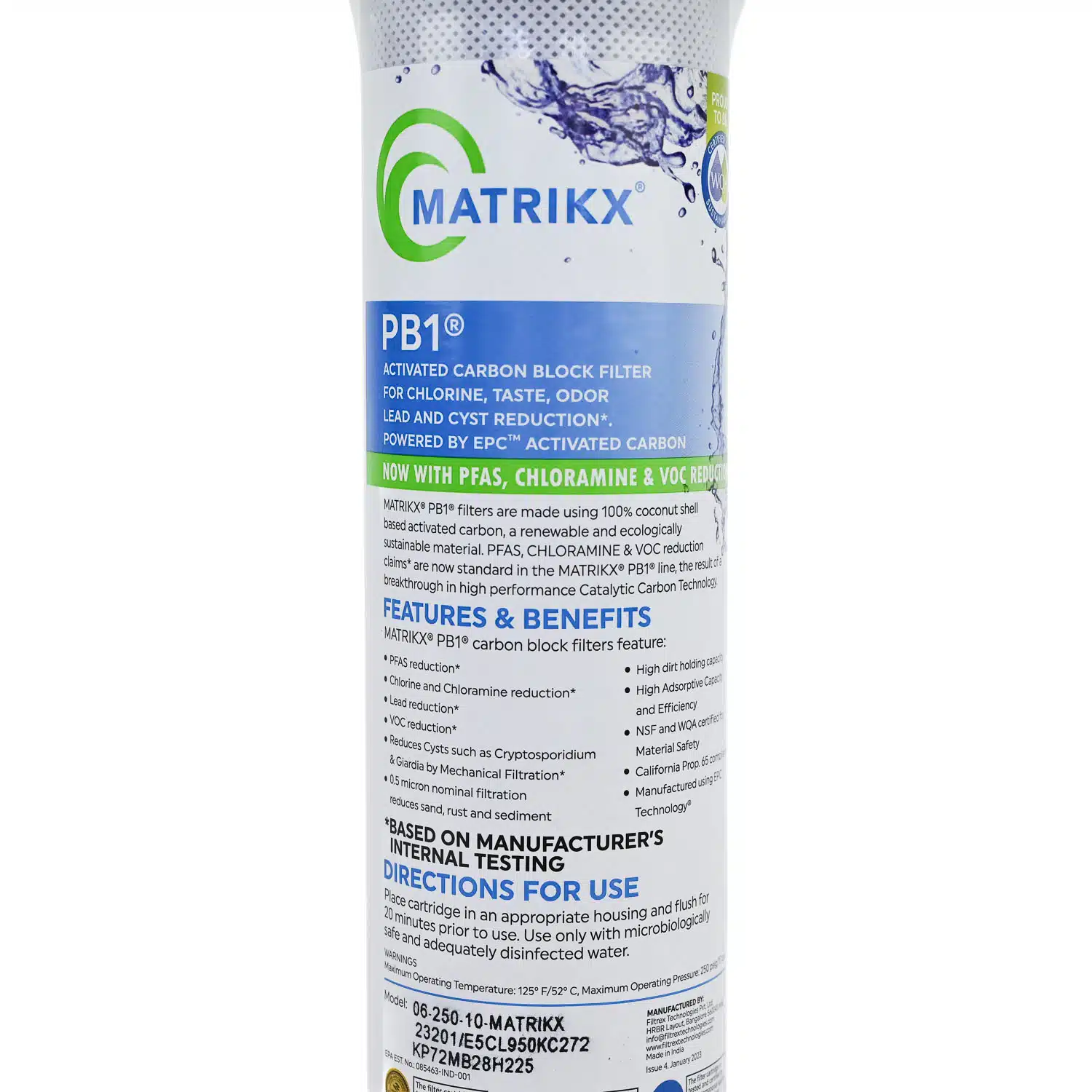 Matrikx PB1-PFAS Carbon Block Water Filter VOC, PFAS, Chloramine Reduction