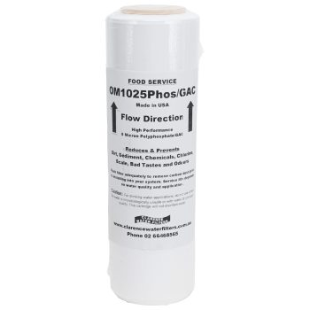 OM1025PHOSGAC 10 inch by 2 point 5 inch Water Filter containing granular activated carbon and polyphopshate for scale reduction rated at 5 microns