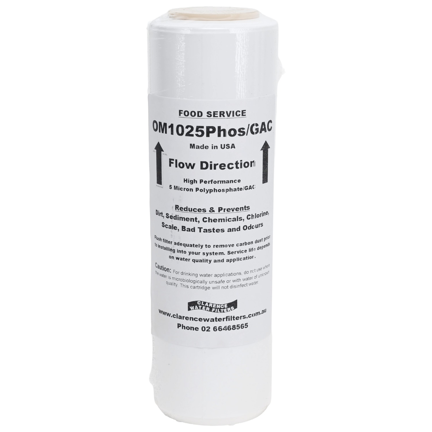 OM1025PHOSGAC 10 inch by 2 point 5 inch Water Filter containing granular activated carbon and polyphopshate for scale reduction rated at 5 microns