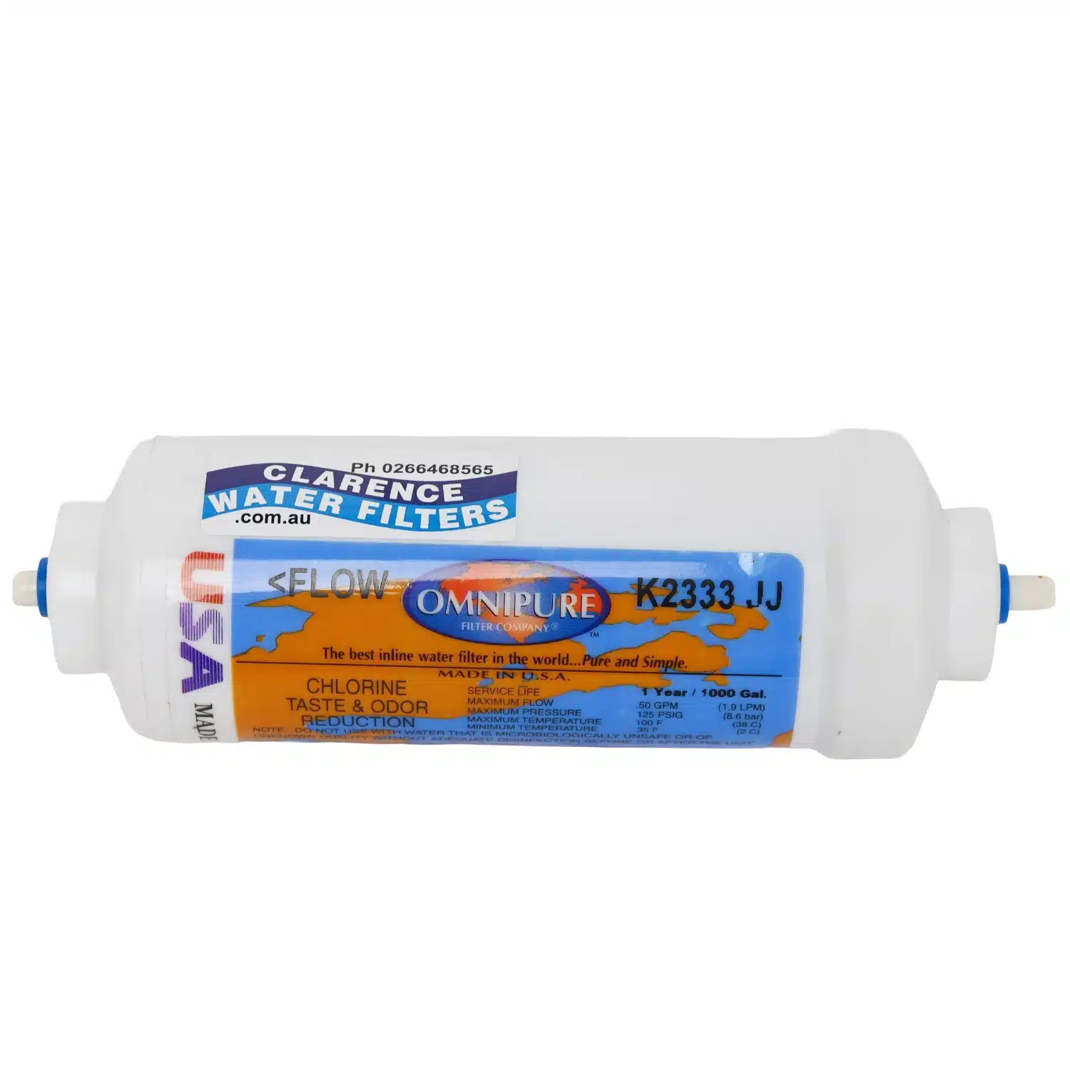 Omnipure K2333 in-line carbon filter with quarter inch tubing push-in quick connection fittings rated at 5 micron