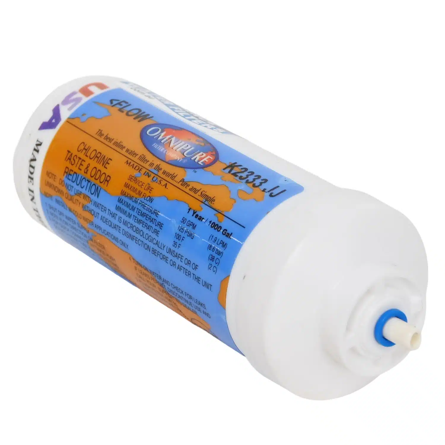 Omnipure K2333 in-line carbon filter with quarter inch tubing push-in quick connection fittings rated at 5 micron