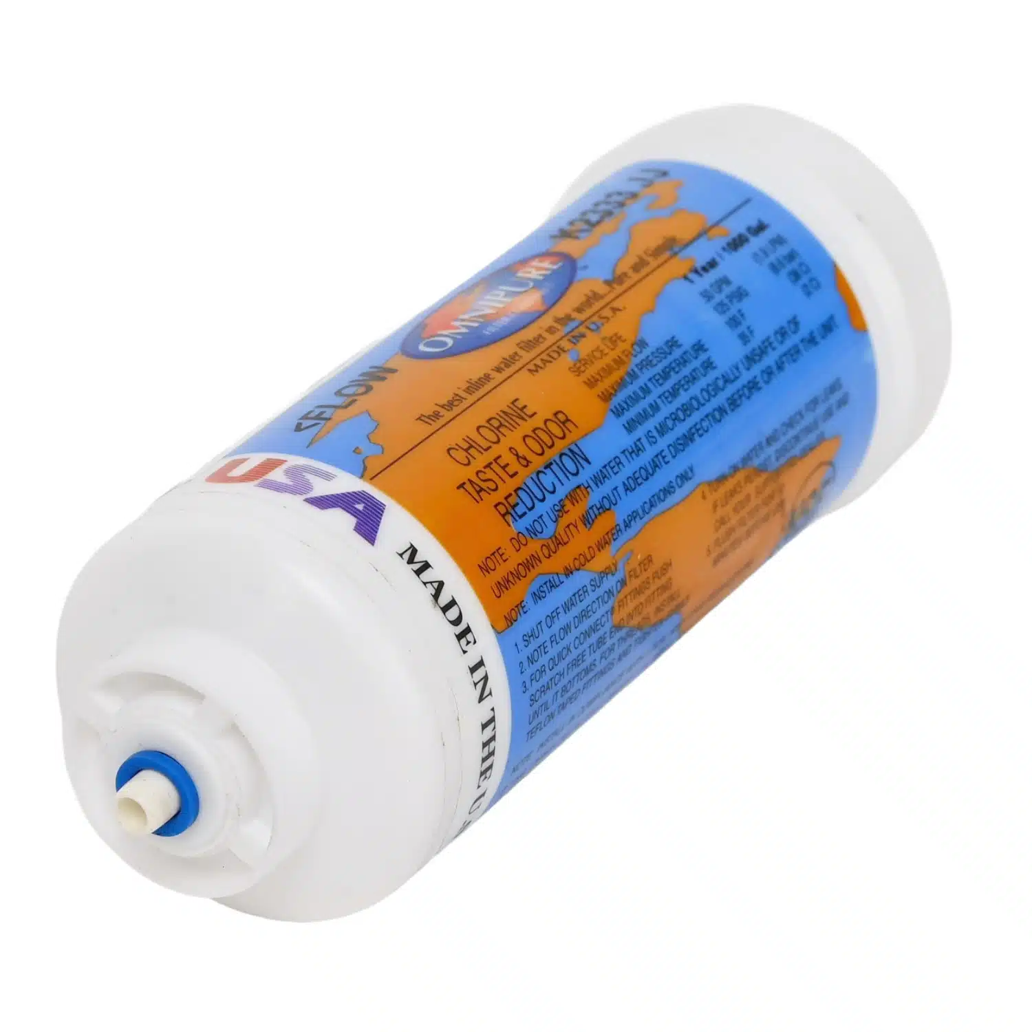 Omnipure K2333 in-line carbon filter with quarter inch tubing push-in quick connection fittings rated at 5 micron