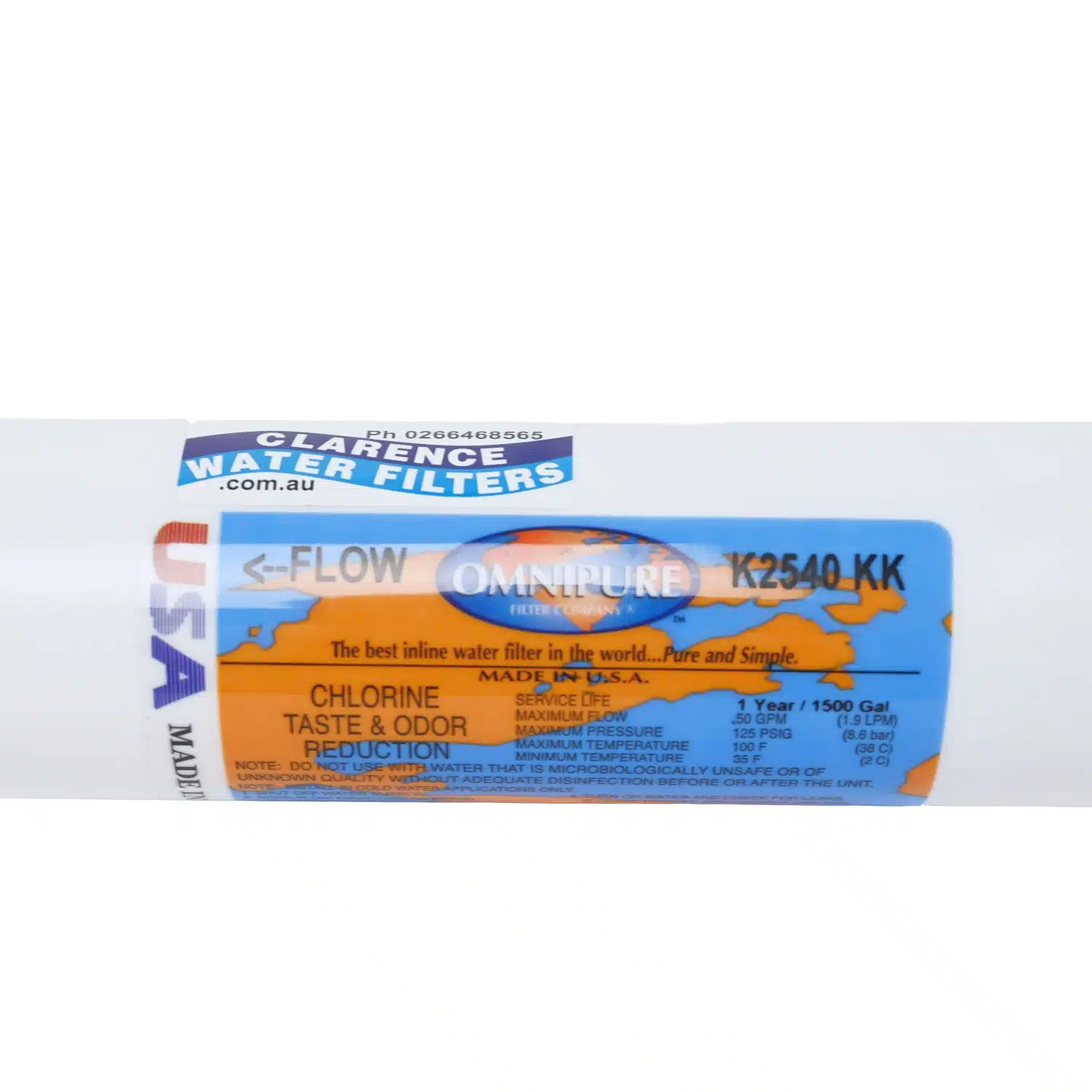 Omnipure K2540KK in-line water filter with three eight inch tubing push-in quick connection fittings