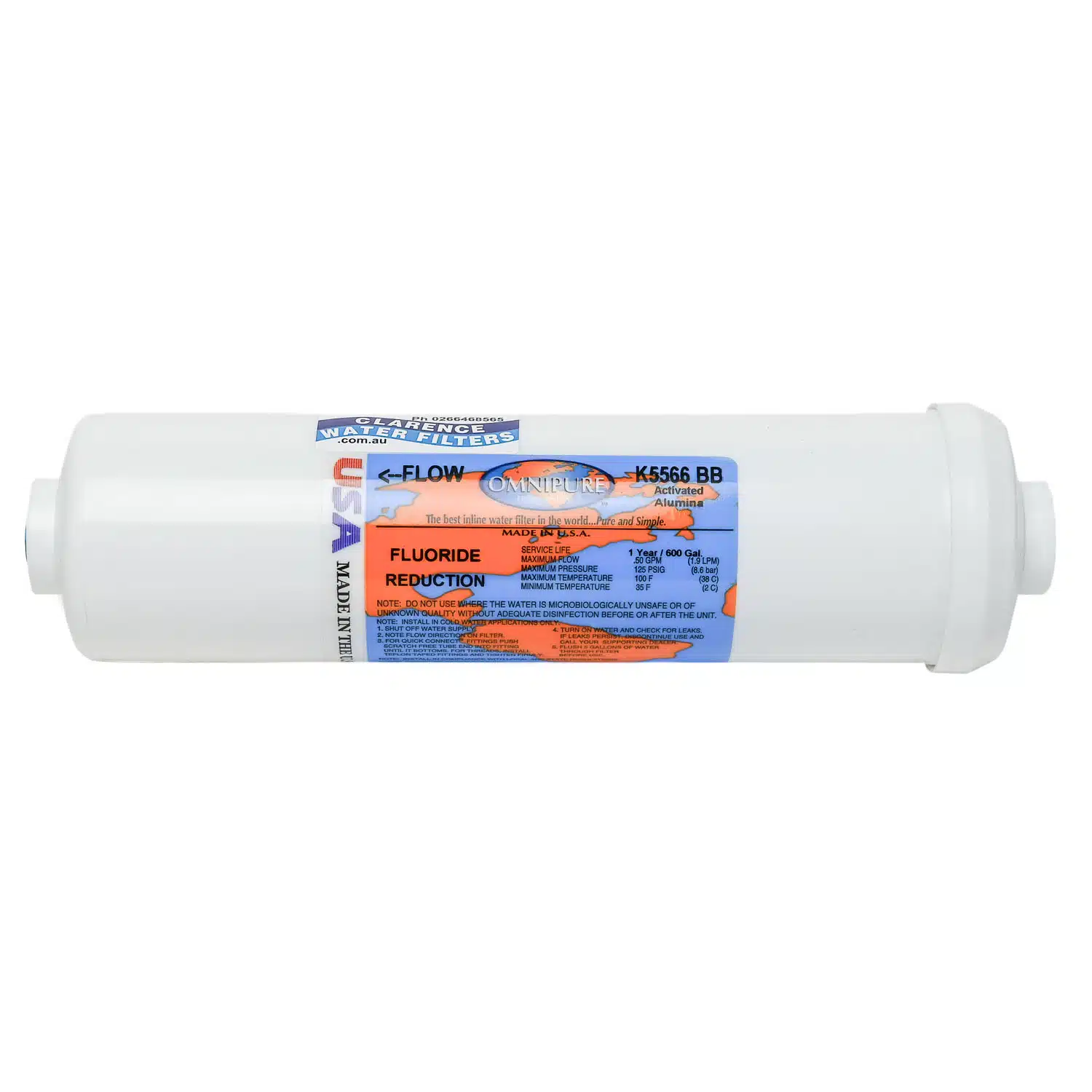 Omnipure K5566 activated alumina Fluoride reduction inline water filter.