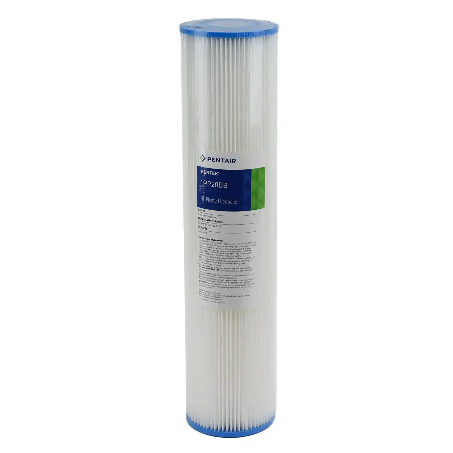 Pentair Pentek 1PP20BB 20 inch by 4 point 5 inch pleated washable sediment filter with blue end caps