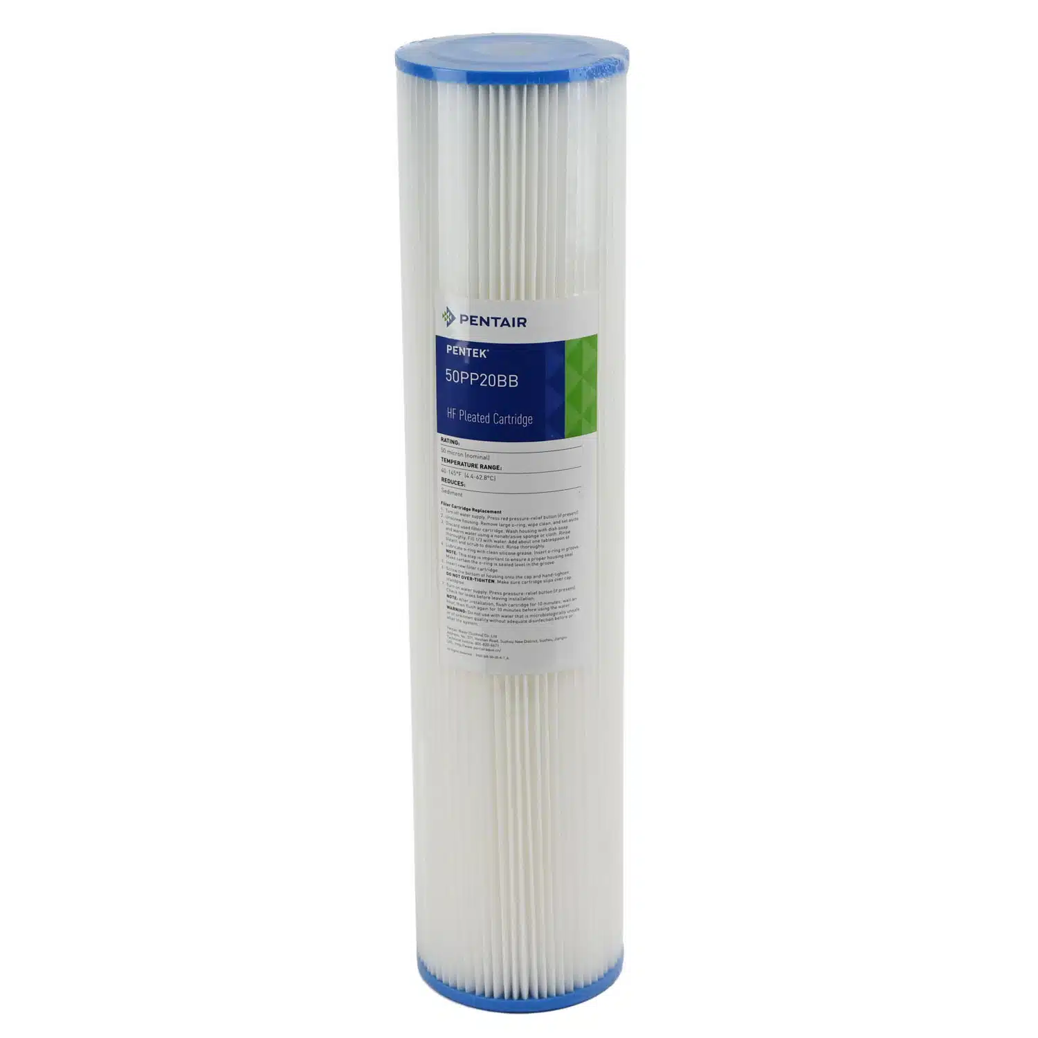 Pentair Pentek 50 Micron 20 inch by 4 point 5 inch sediment water filter with blue end caps