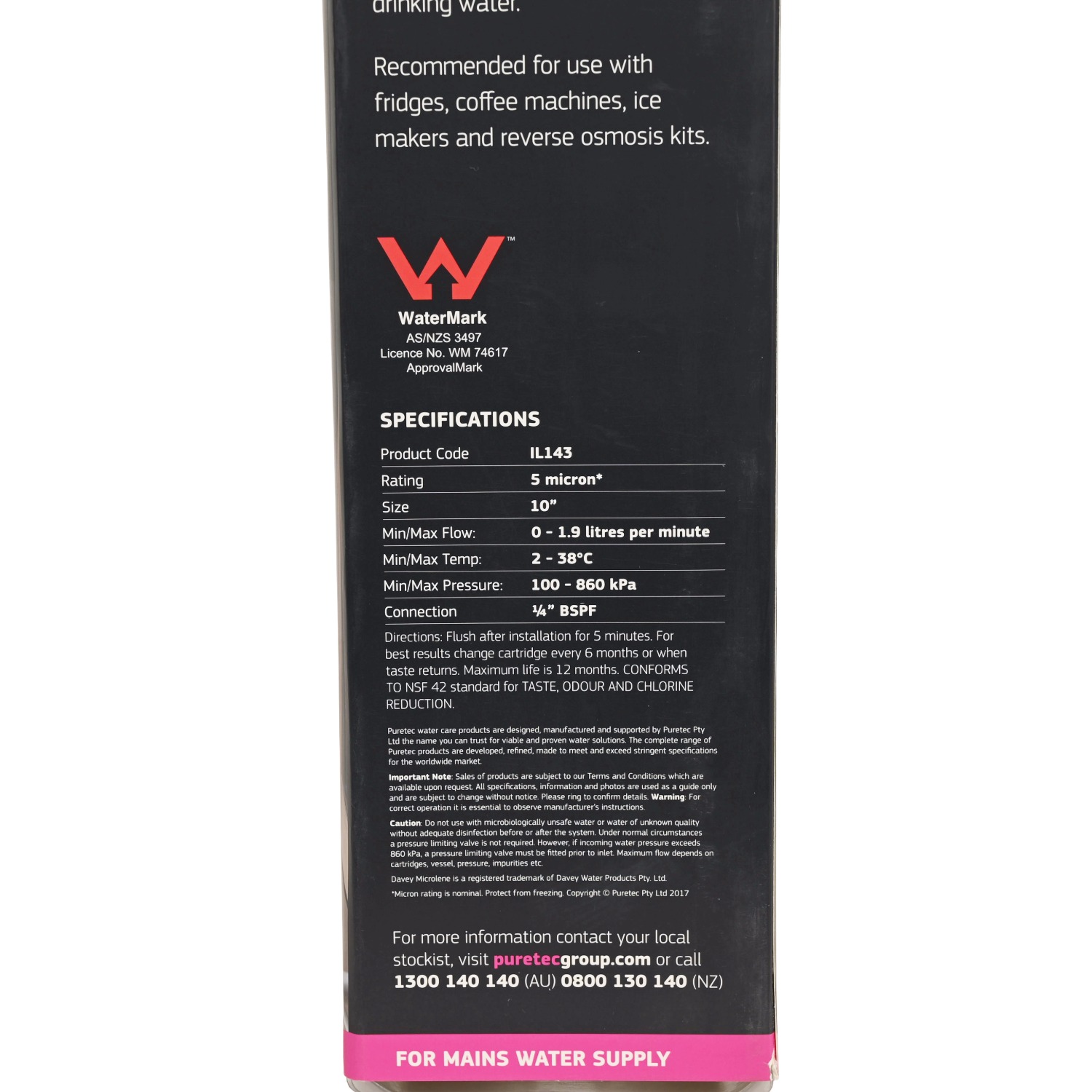 Puretec IL143 Inline Fridge Filter Rated at 5 Microns