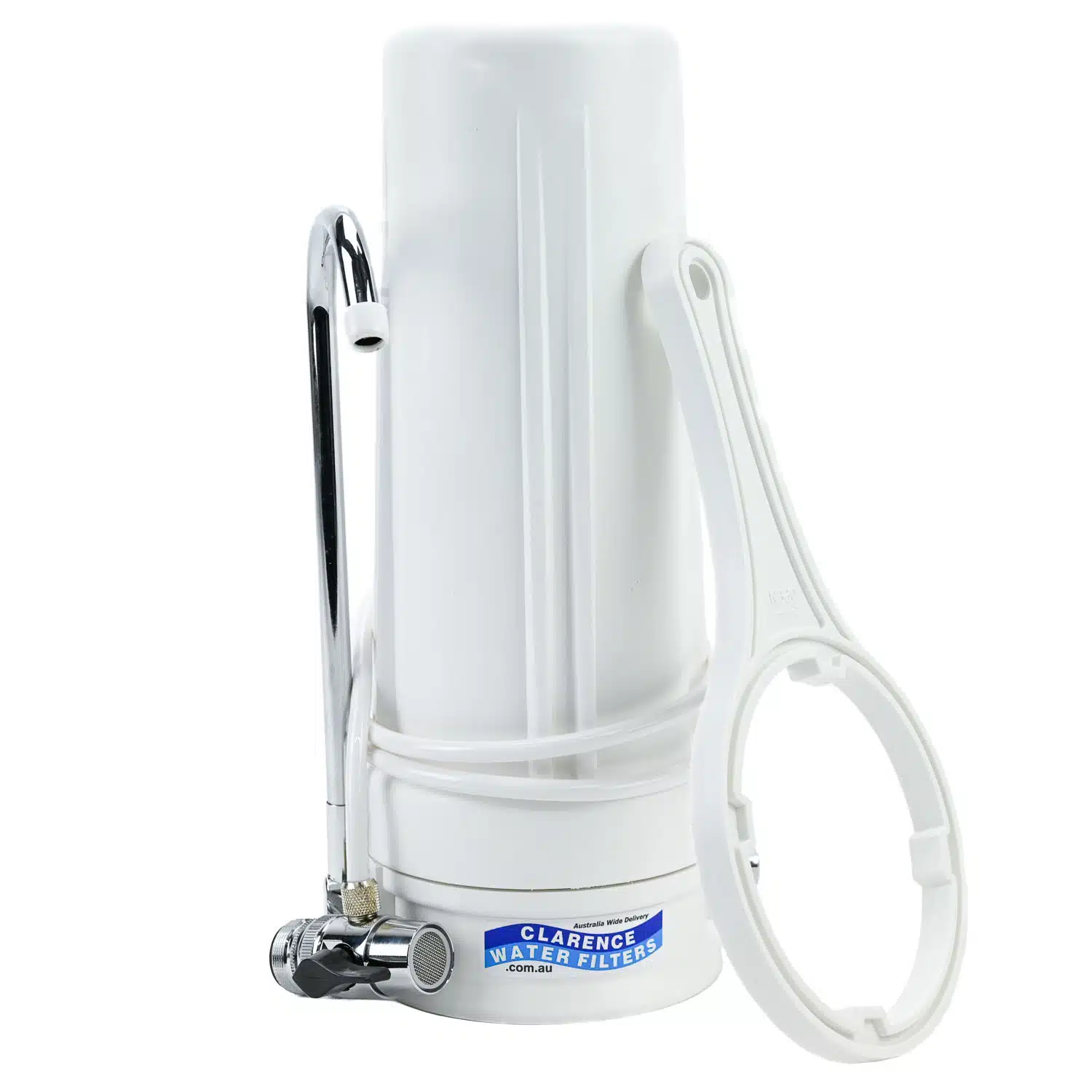 QMP 10 inch by 2 point inch benchtop water filter housing with spout and spanner