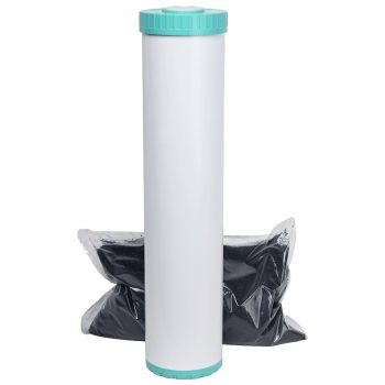 Refillable 20 inch by 4 point 5 inch water filter cartridge containing silver impregnated carbon