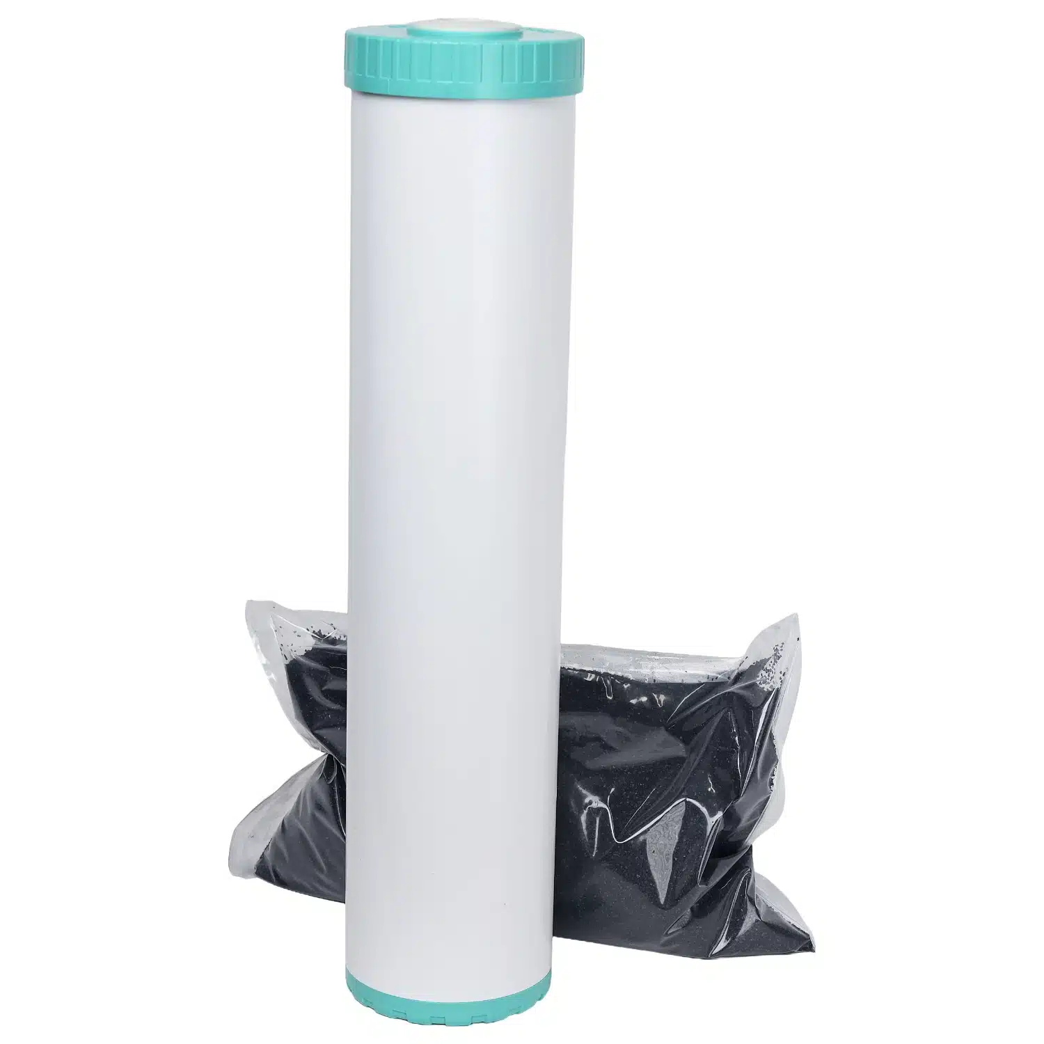 Refillable 20 inch by 4 point 5 inch water filter cartridge containing silver impregnated carbon