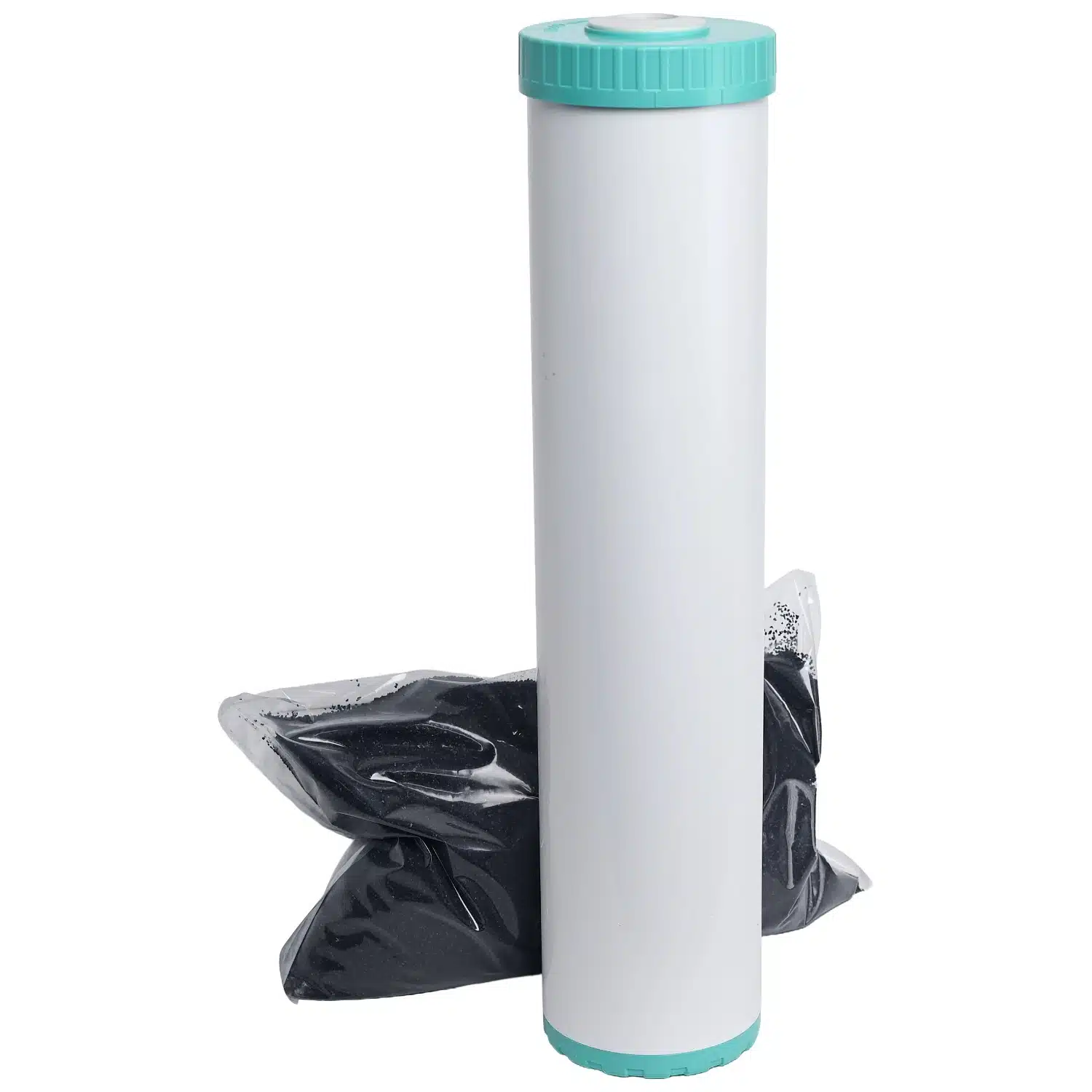 Refillable 20 inch by 4 point 5 inch water filter cartridge containing silver impregnated carbon