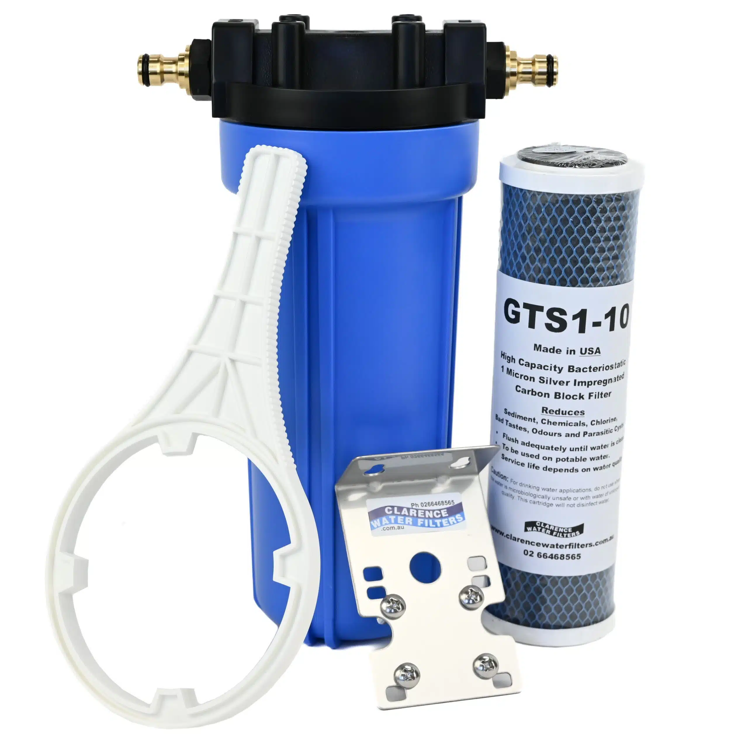 Single 10 inch Caravan Water Filter Housing with Push On Hose Fittings spanner bracket and a GTS1-10 silver carbon water filter