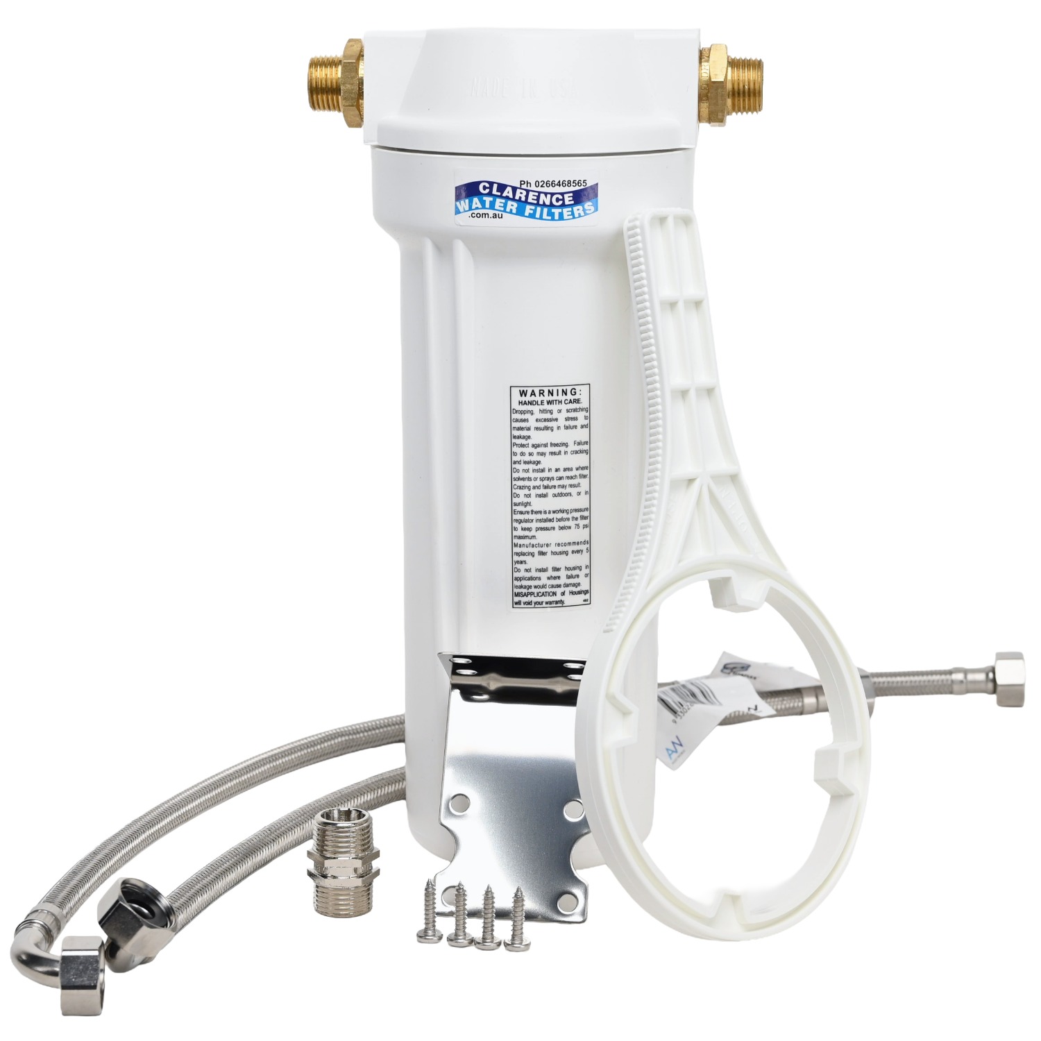 Single 10 inch USA Made QMP Water Filter System With Braided Water Lines, Fittins and Water Filter for Kitchens