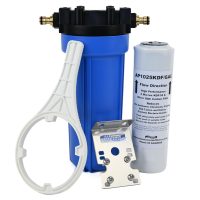 Single 10 inch Water Filter System For Caravans and RVs with 5 micron high flow AP1025KDFGAC filter spanner push on hose fittings bracket and aquapro housing
