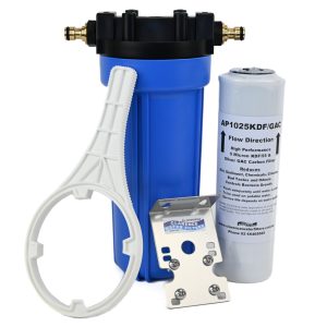 Single 10 inch Water Filter System For Caravans and RVs with 5 micron high flow AP1025KDFGAC filter spanner push on hose fittings bracket and aquapro housing