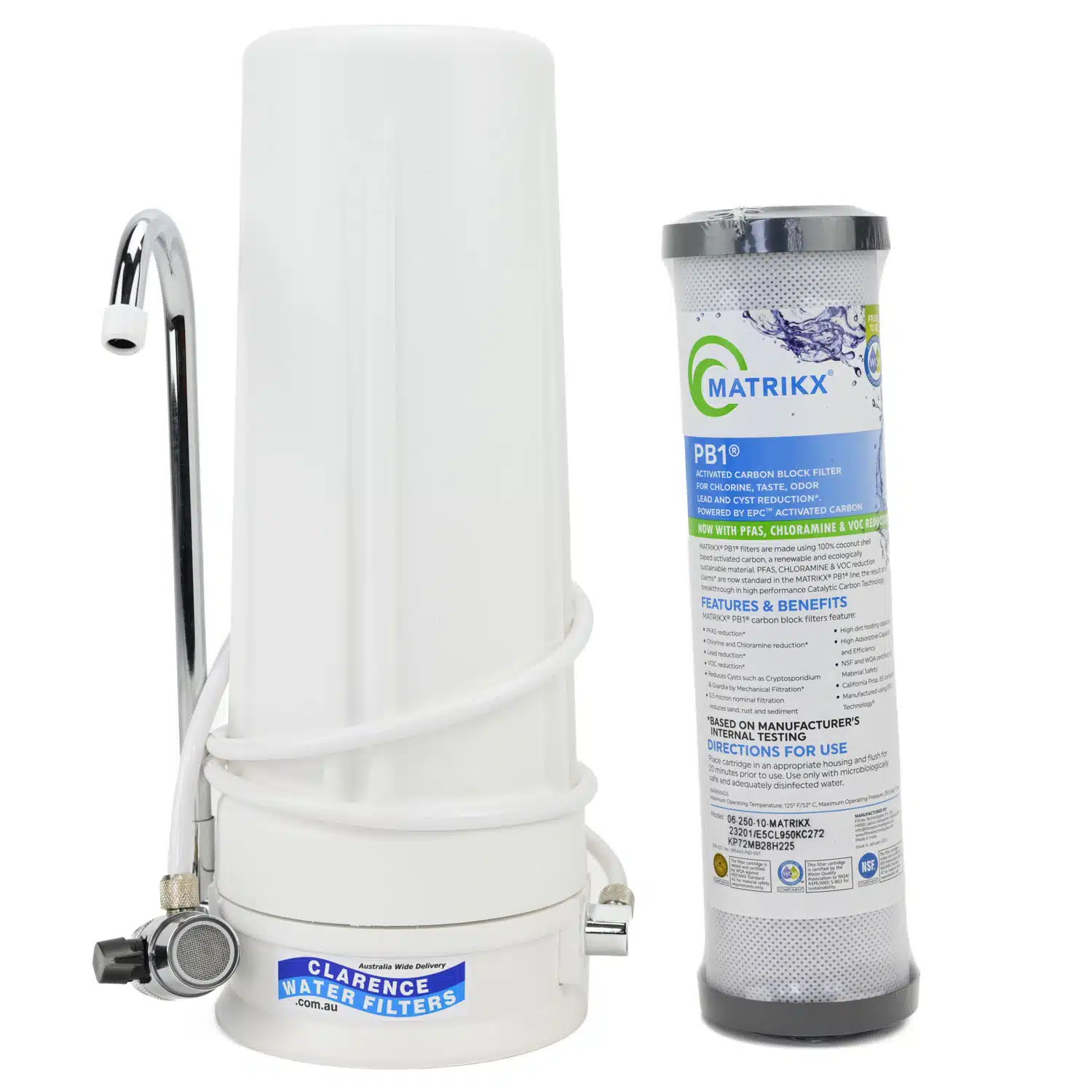 Single 10 inch by 2 point 5 inch bench top water filter system with the PB1-PFAS water filter capable of PFAS PFOS Lead and Cyst reduction