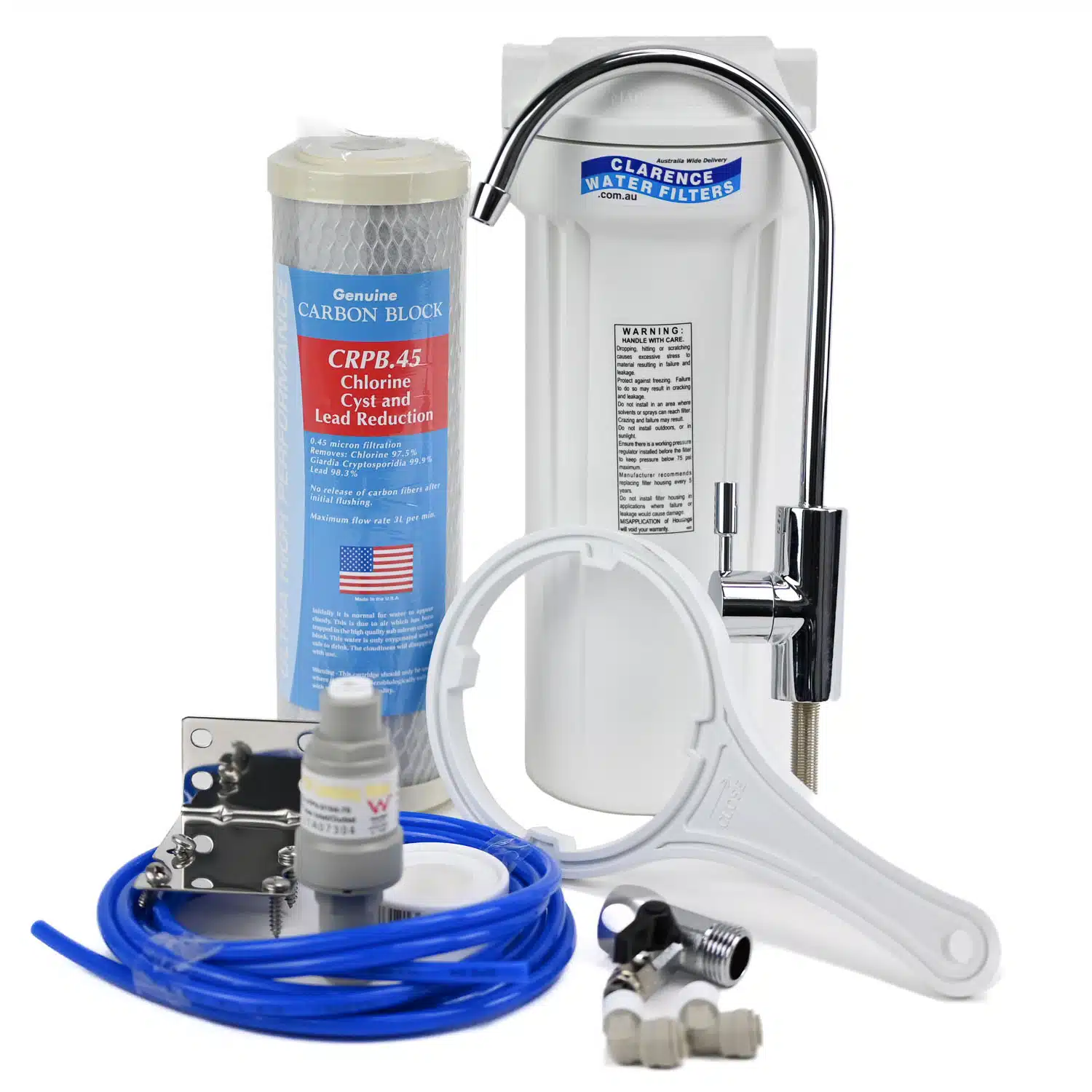 Single 10 inch under sink water filter system with UAS made QMP housing WC04 Carbon Filter Chrome Tap and Fittings