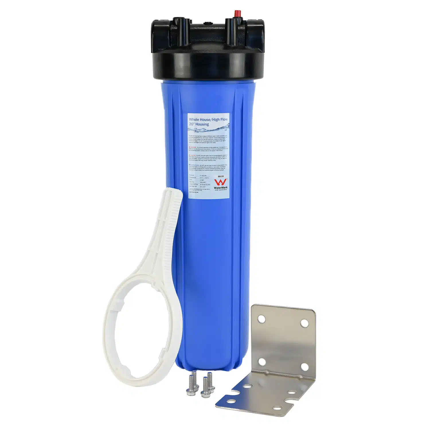 Single Big Blue 20 inch by 4 point 5 inch Water Filter Housing with Stainless Steel Bracket Spanner and Bolts 1 inch Ports