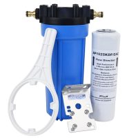 Single High Flow 10 inch caravan filter system with brass click on hose fittings and a AP1025KDFGAC filter containing KDF