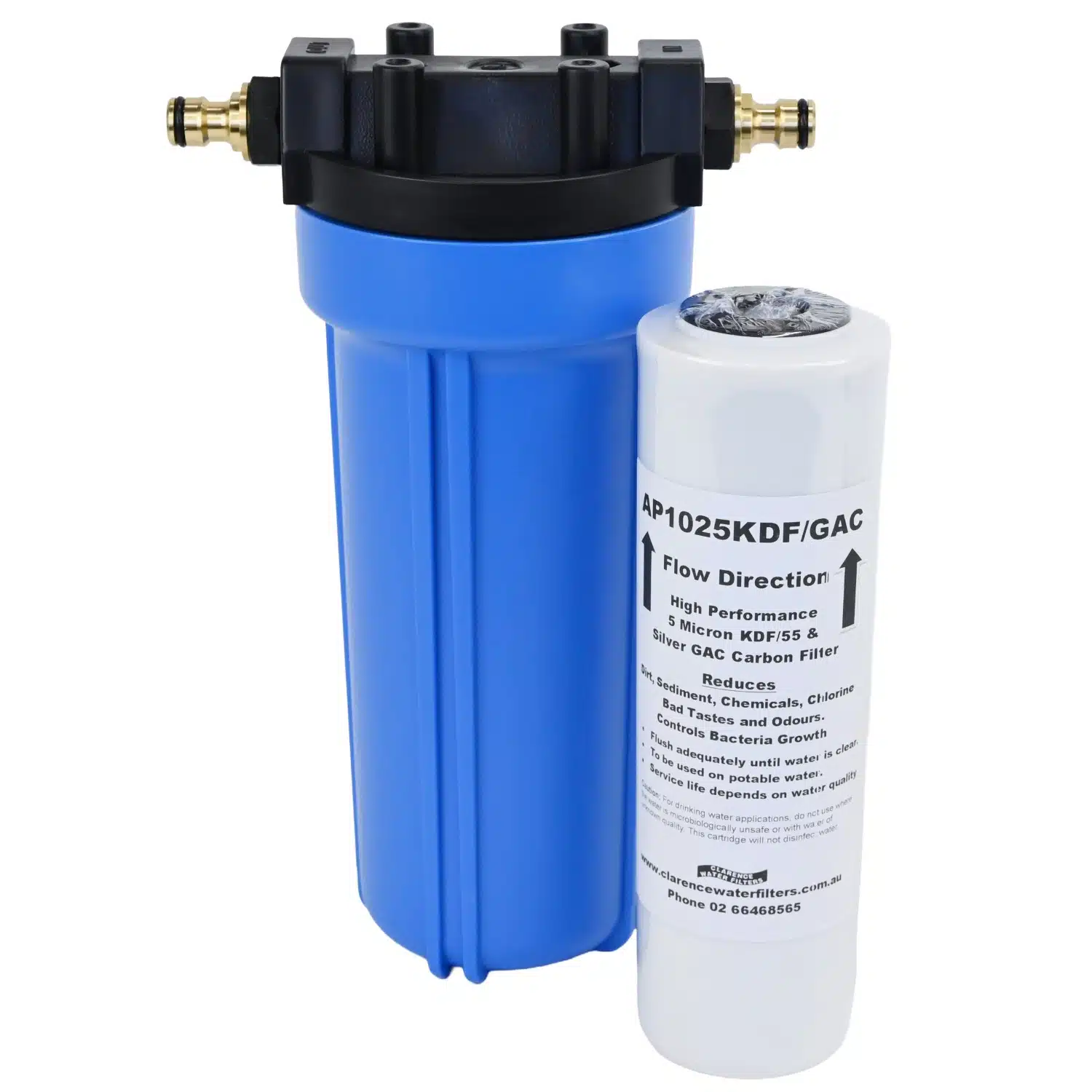 Single High Flow 10 inch caravan filter system with brass click on hose fittings and a AP1025KDFGAC filter containing KDF