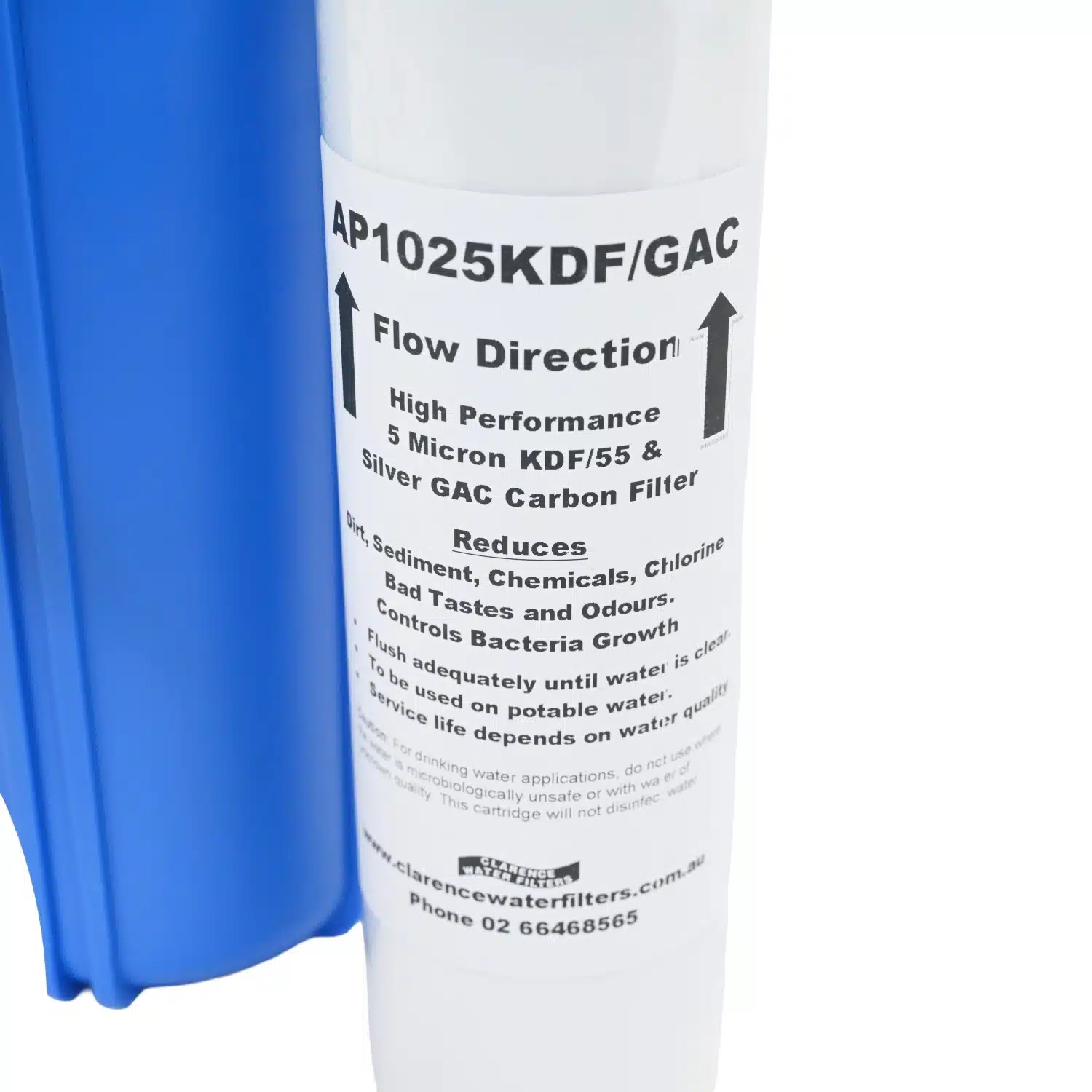 Single High Flow 10 inch caravan filter system with brass click on hose fittings and a AP1025KDFGAC filter containing KDF