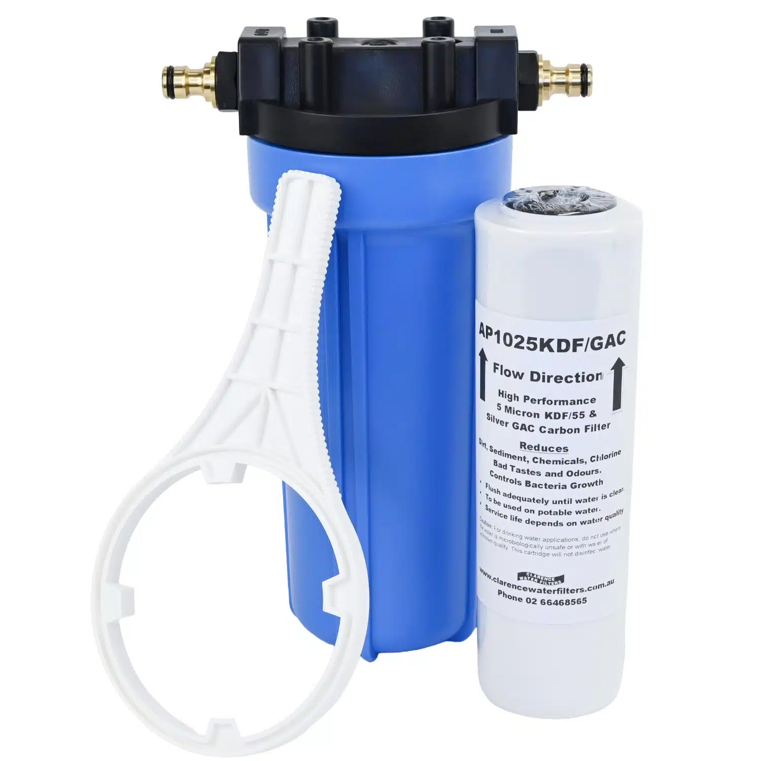 Single High Flow 10 inch caravan filter system with brass click on hose fittings and a AP1025KDFGAC filter containing KDF