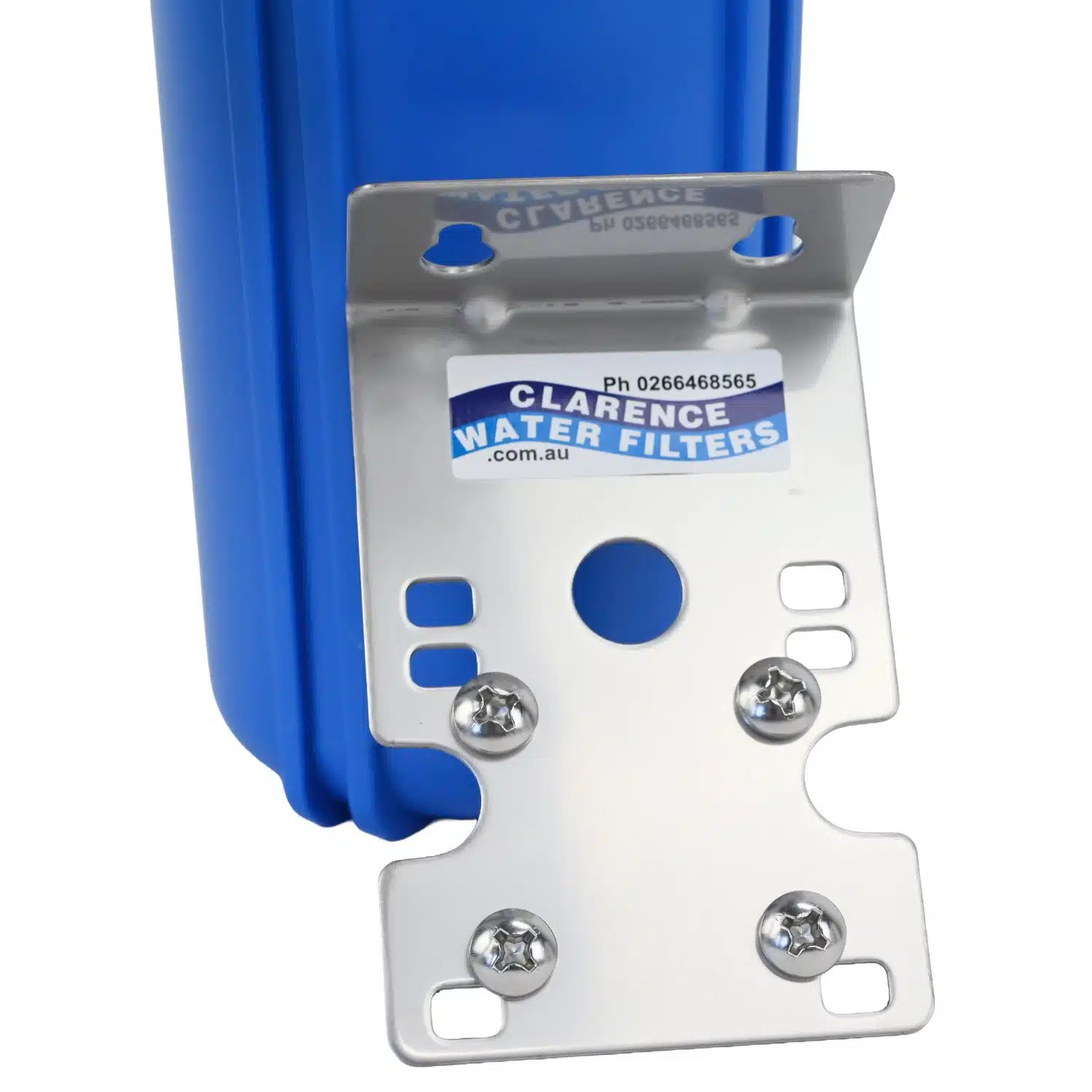 Single High Flow 10 inch caravan filter system with brass click on hose fittings close up photo of bracket