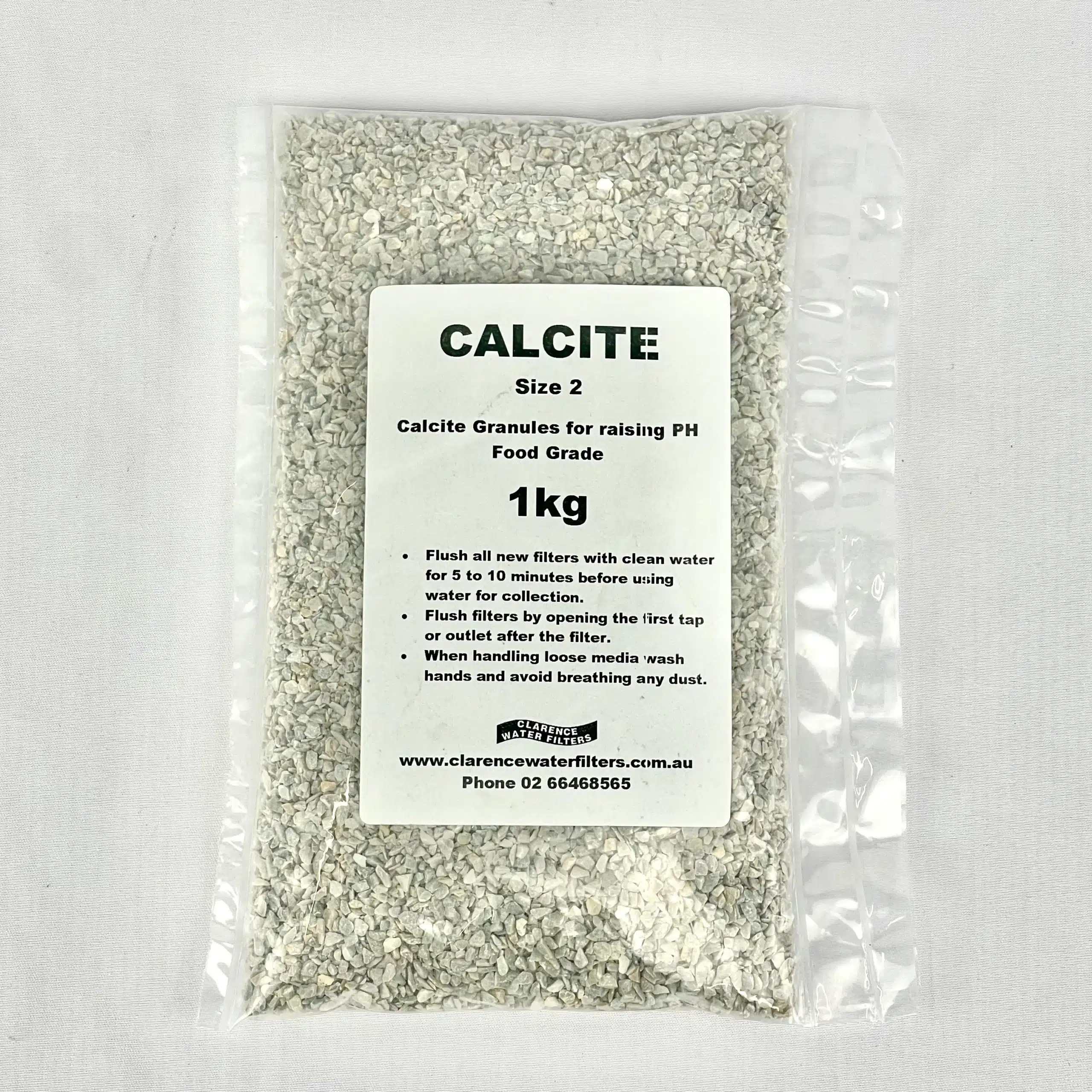 A 1 kilogram bag of Size 2 Calcite Granules for treating low pH acidic water