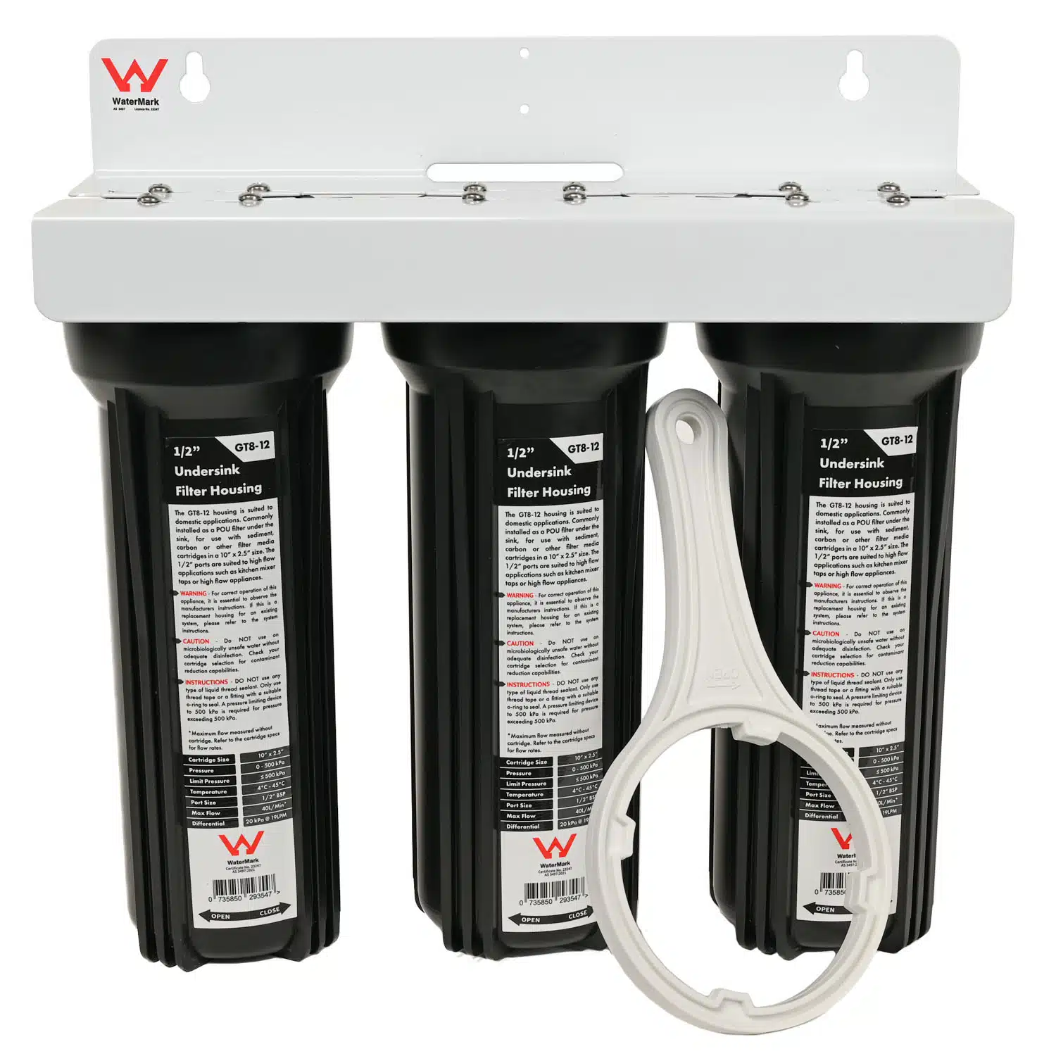 Triple GT8-12 Black 10 inch by 2 point 5 inch water filter housings with half inch ports on white bracket watermarked