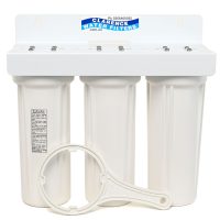 Triple QMP 10 inch by 2 point 5 inch water filter housings on a white bracket with spanner