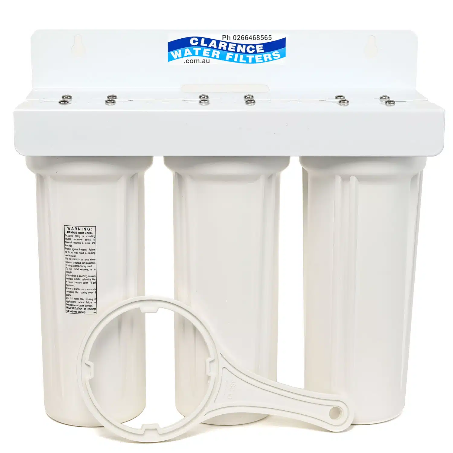 Triple QMP 10 inch by 2 point 5 inch water filter housings on a white bracket with spanner