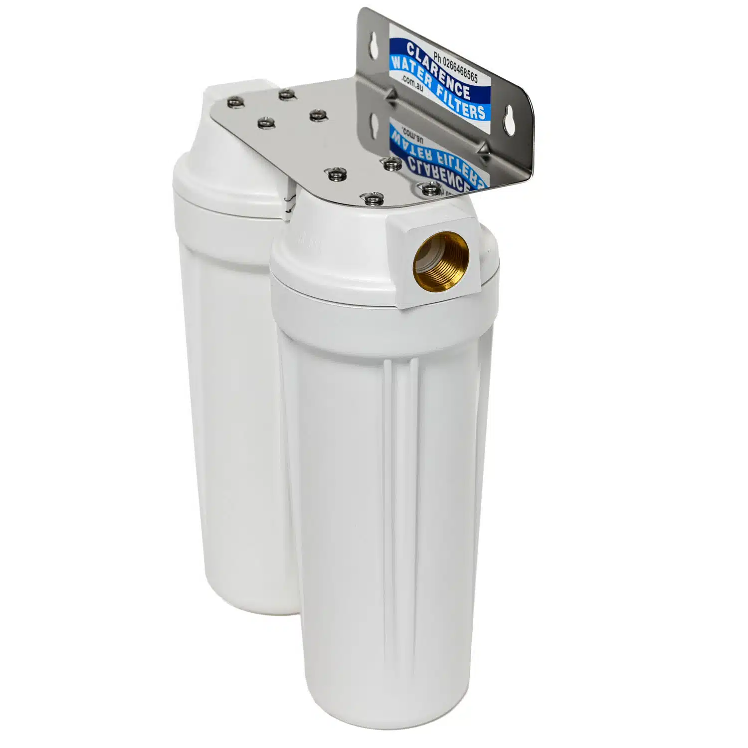 Twin 10 inch by 2 point 5 inch QMP USA-made water filter housings with brass inserts on stainless steel bracket