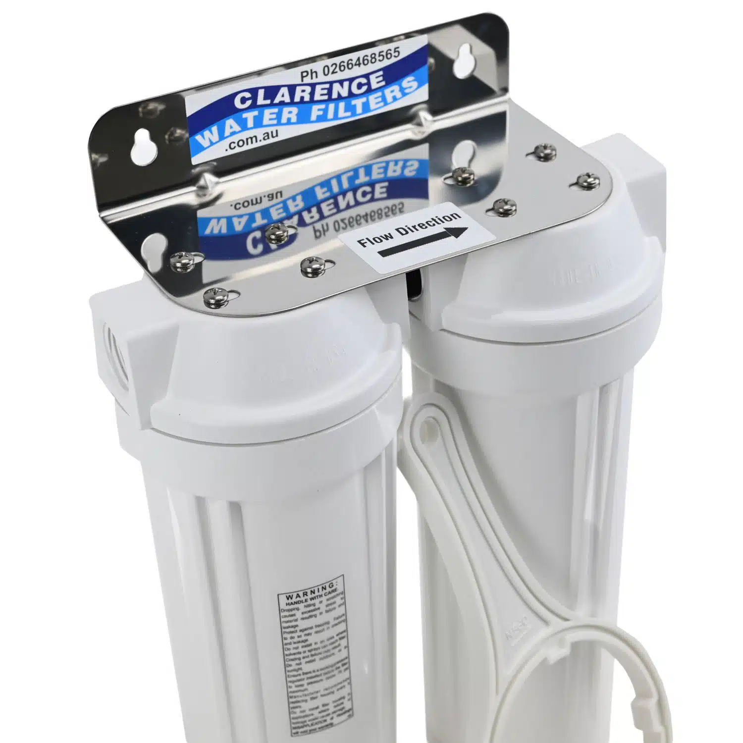 Twin 10 inch by 2 point 5 inch QMP water filter housing system in white with a stainless steel bracket and sump spanner-1