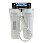 Twin 10 inch by 2 point 5 inch QMP water filter housing system in white with a stainless steel bracket and sump spanner