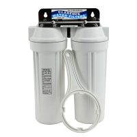 Twin 10 inch by 2 point 5 inch QMP water filter housing system in white with a stainless steel bracket and sump spanner