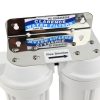 Twin 10 inch by 2 point 5 inch QMP water filter housing system in white with a stainless steel bracket and sump spanner