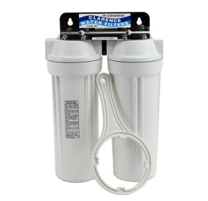 Twin 10 inch by 2 point 5 inch QMP water filter housing system in white with a stainless steel bracket and sump spanner