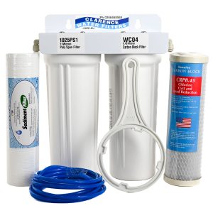 Twin 10 inch water filter conversion system with housings two filters tubing sump spanner fittings and bracket