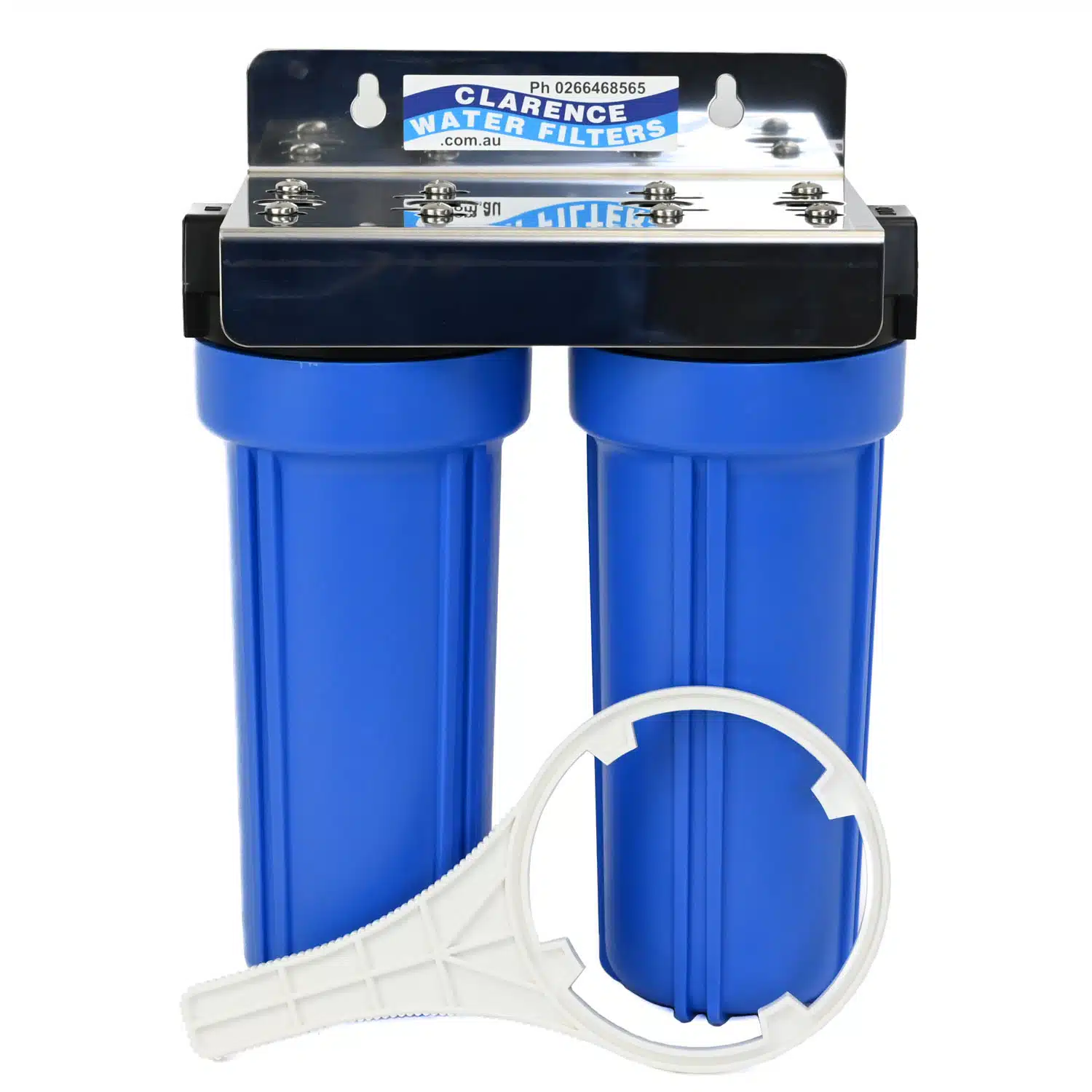 Twin 10. inch by 2 point 5 inch Aqua-pro Housing on Stainless Steel Bracket with 3 quarter inch ports