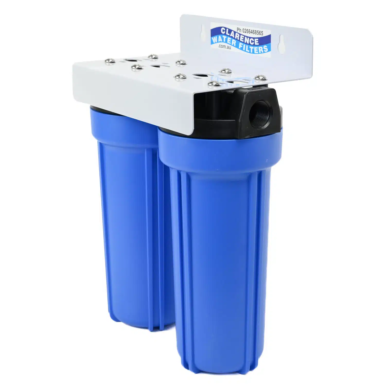 Twin 10. inch by 2 point 5 inch Aqua-pro Housing on White Bracket with 3 quarter inch ports