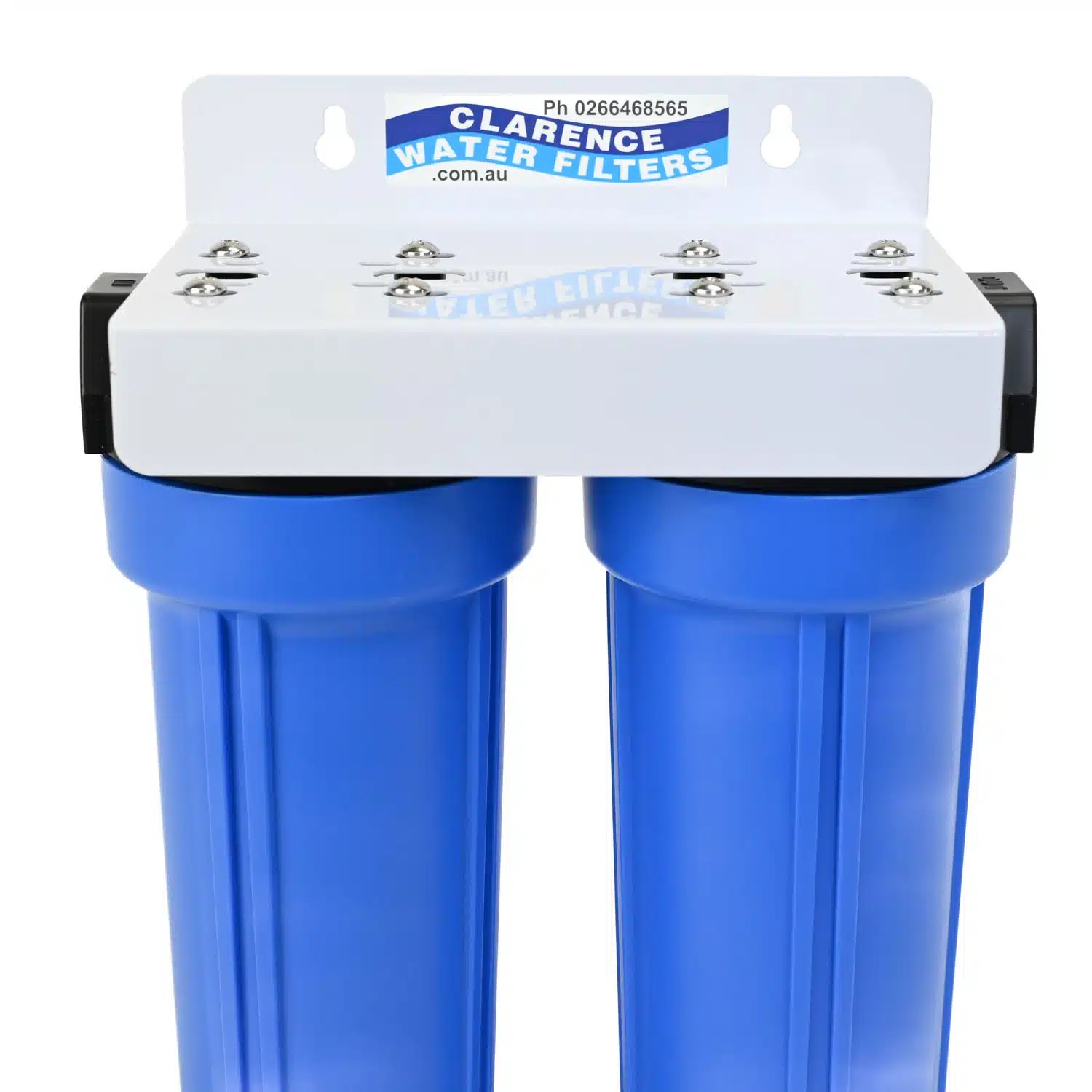 Twin 10. inch by 2 point 5 inch Aqua-pro Housing on White Bracket with 3 quarter inch ports