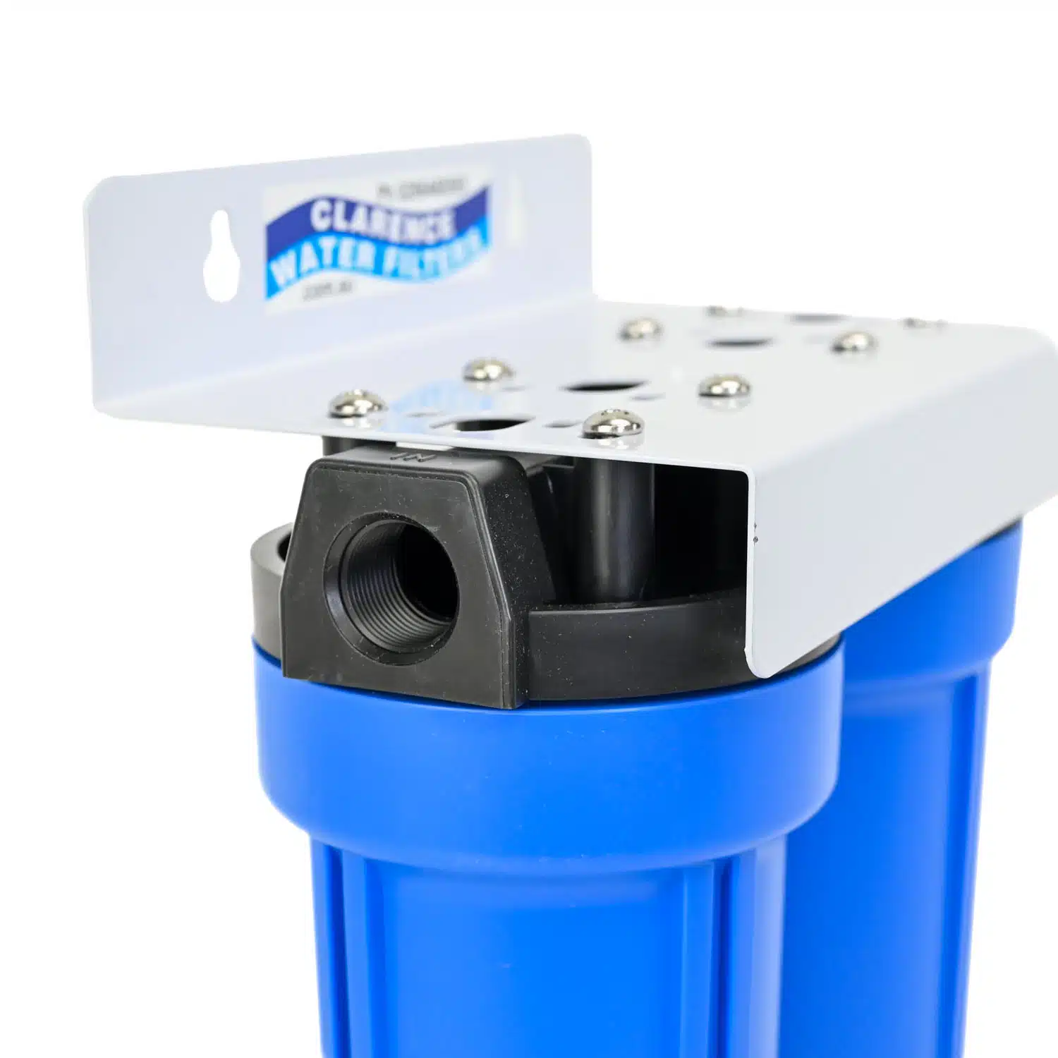 Twin 10. inch by 2 point 5 inch Aqua-pro Housing on White Bracket with 3 quarter inch ports