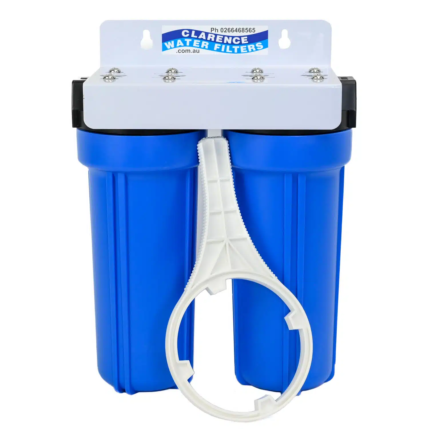 Twin 10. inch by 2 point 5 inch Aqua-pro Housing on White Bracket with 3 quarter inch ports